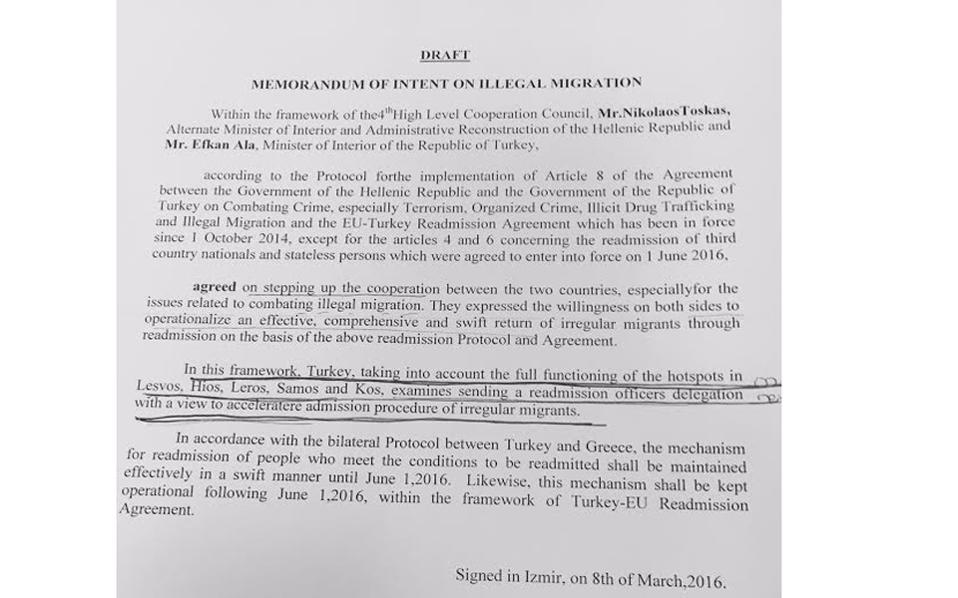 Το μνημόνιο κατανόησης, μεταξύ του Ελληνα Υπουργού Δημοσίας Τάξης Νικ. Τόσκα και του Τούρκου υπουργού Εσωτερικών Efkan Ala, που κάνει λόγο για παρουσία τούρκων αξιωματούχων σε hot spots τεσσάρων νησιών του Αιγαίου, το οποίο δημοσιοποίησε η ΝΔ.
